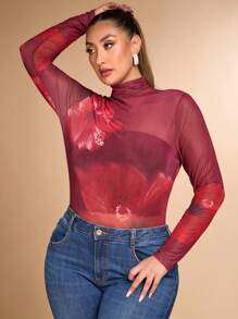 SHEIN BAE Malla larga de manga larga con estampado floral grande, elegante, sexy y dulce, body de talla grande para otoño