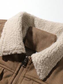 Manfinity Homme Men's Faux Shearling Thermal Lined Jacket, Warm Collar Coat, Going Out Long Sleeve Jacket, For Friends, Husband, Boyfriend Gifts, For Fall Winter - Brown - View 3