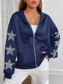 SHEIN EZwear 海军蓝色水钻装饰连帽运动衫 - 藏蓝色 - 查看 4