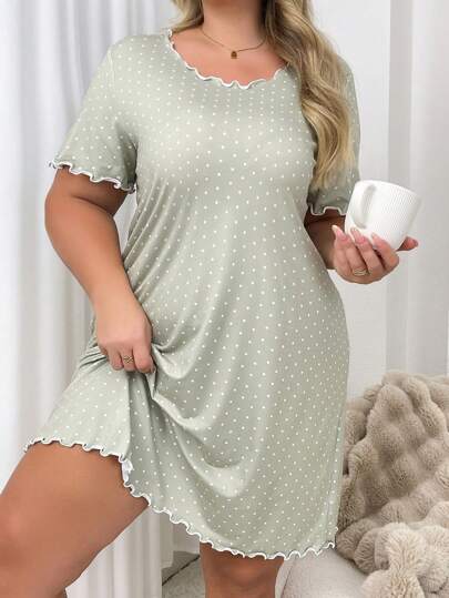 Plus Size Polka Dot Print Lettuce Nightgown, Moo view 4