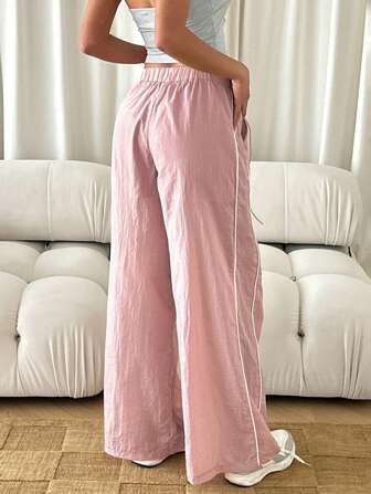 SHEIN Privé 女式休闲运动宽松腰粉色蝴蝶装饰低腰长裤