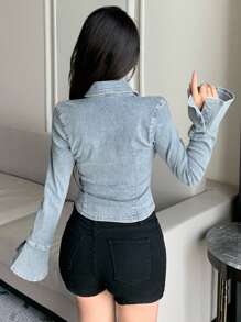 DAZY Women's Patchwork Long Sleeve Denim Blouse,Fall Clothes,Jeans Jacket - Light Wash - View 5