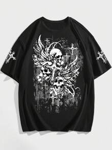 ROMWE MEN Goth Men Skull & Cross Print Tee, School, 2000s Style