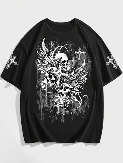 Goth Men Skull & Cross Print Tee, School, 2000s Style