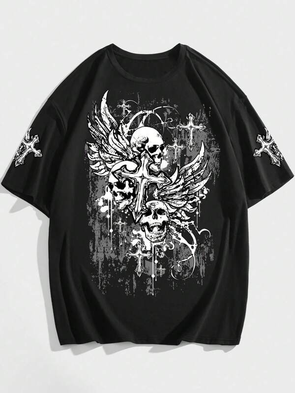 ROMWE MEN Goth Camiseta con estampado de calavera y cruz para hombres, estilo escolar, años 2000