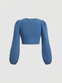 SHEIN EZwear Áo khoác denim thường ngày cho nữ có tay dài bồng bềnh và buộc dây, màu xanh - Màu xanh lam - Xem 2