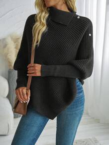 Chiquease Áo len poncho dáng rộng thời trang mới cho nữ, áo chui đầu rộng rãi thoải mái, kiểu dáng thanh lịch và đơn giản, thích hợp cho mùa thu và mùa đông, áo len chui đầu mùa thu. - màu đen - Xem 7