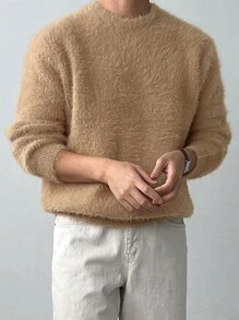 DAZY Men's Round Neck Long Sleeve Solid Color Fleece Sweater, Autumn - Camel - View 4