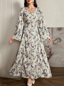 Al Najma 花卉印花长袖系带阿拉伯风格连衣裙，休闲优雅 A 字形长款卡夫坦 Jalabiya 阿拉伯连衣裙，适合晚会/婚礼嘉宾/周年纪念 - 彩色 - 查看 6