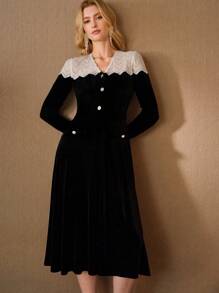MOTF PREMIUM VELVET CONTRAST LACE YOKE MIDI DRESS - Black - View 3