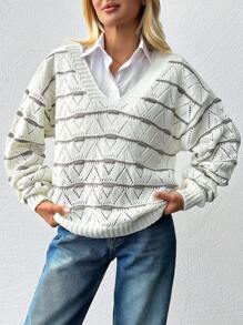 EURMUSE V-Neck Contrast Color Jacquard Knit Long Sleeve Pullover Sweater - Beige - View 5