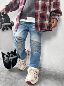 SHEIN Pantalones vaqueros ajustados de mezclilla con detalles bordados en la rodilla y cintura elástica, estilo urbano para niño joven