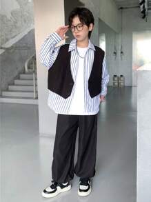 Bộ 2 áo sơ mi sọc và quần cạp chun phong cách Hàn Quốc thoải mái cho bé trai tuổi teen, phù hợp cho mùa xuân và mùa thu, vui chơi ngoài trời, đi học, dạo phố, tiệc tùng và thư giãn, hiệu suất cao - Nhiều màu - Xem 5