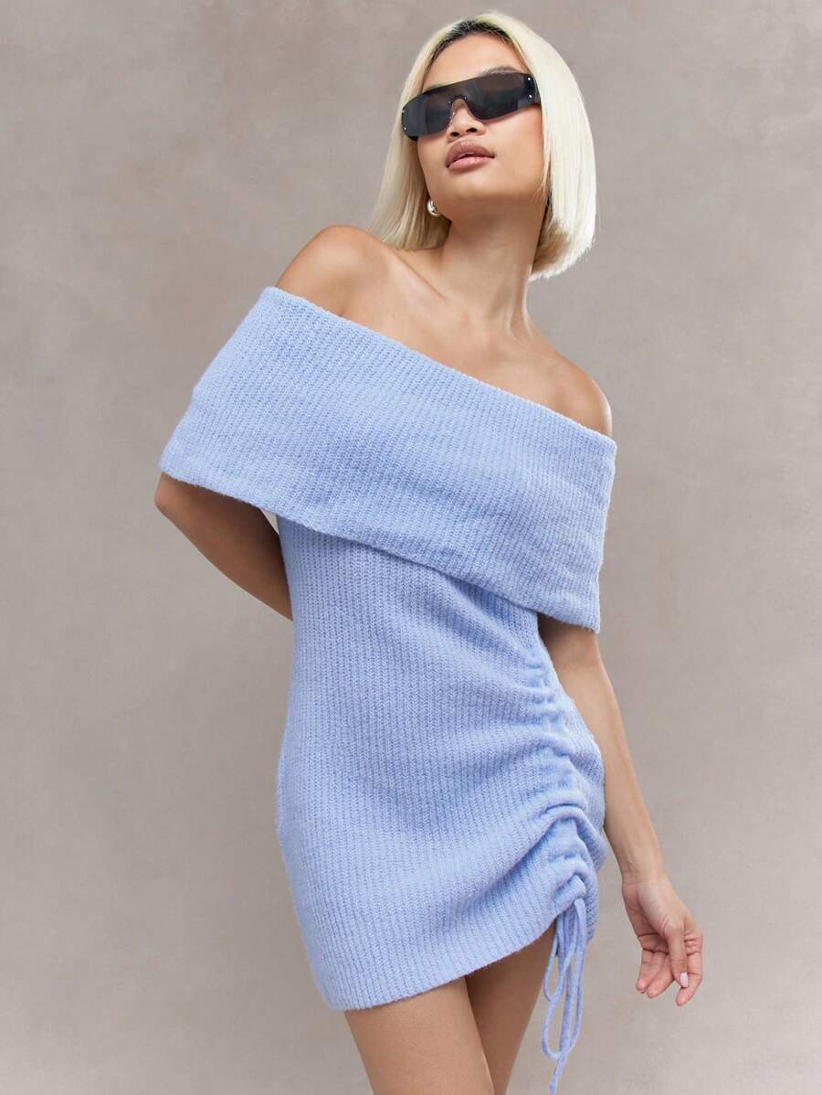 MISSGUIDED Off Shoulder Ribbed Knit Mini Dress With Ruched Side Detail Winter Fall Cozy Party Club Sweater Dress - Navy Blue - View 1