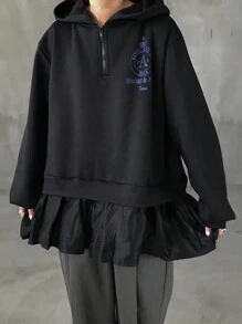 FRIFUL 女款荷葉邊拼接字母印花連帽寬鬆加厚保暖內裡運動衫，秋季女裝連帽衫 - 黑色 - 查看 1