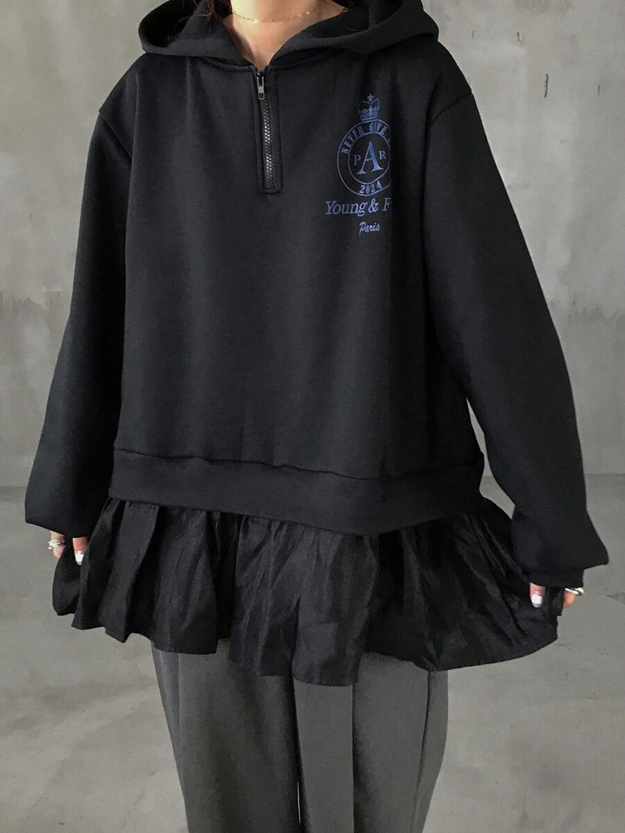 FRIFUL 女款荷葉邊拼接字母印花連帽寬鬆加厚保暖內裡運動衫,秋季女裝連帽衫 - 黑色 - 查看 1