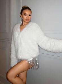 SHEIN BAE Women's Solid Color Long Sleeve Short Fluffy Jacket, Loose Fit And Fashionable Design Hollowed Costumes Thanksgiving Women Outfit Fur Coat Fall Women Outfits Women Clothes Homecoming Comfortable, Soft And Warm, Suitable For Parties And Dates - White - View 4