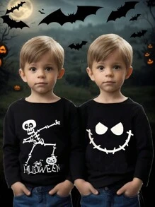 Set de 2 camisetas casuales con estampado de esqueleto, cara sonriente y letras en inglés que brillan en la oscuridad para niño pequeño en Halloween - Negro - Ver 3