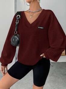 SHEIN EZwear Wine  Knitted V-Neck Casual Sweatshirt