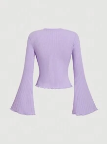 SHEIN MOD 女士春秋纯色天鹅颈喇叭袖蝴蝶结装饰优雅 T 恤 - 紫丁香色 - 查看 2