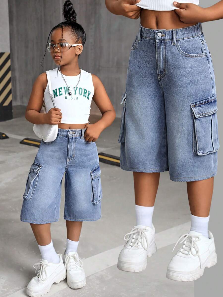 SHEIN Jeans cargo con tasche a patta e effetto delavato in stile Retro Y2K per ragazze pre-adolescenti, pantaloncini di lunghezza lunga, abbigliamento autunnale per ragazze, outfit per il ritorno a scuola