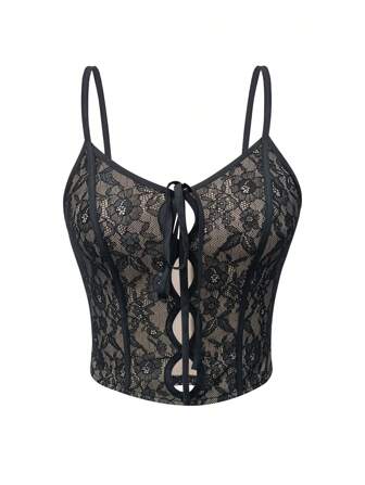 Zolique Sexy Black Lace Front Hollow Out Cami Top, Summer Fall Women Bodycon Tops