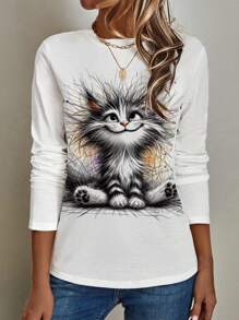EMERY ROSE Casual Simple Cat Pattern Loose Round Neck Long Sleeve Women's T-Shirt Suitable For Autumn And Winter