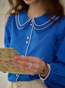 Simple Retro Áo sơ mi thường ngày ve kép ren Clashing dành cho nữ - Màu xanh lam - Xem 4