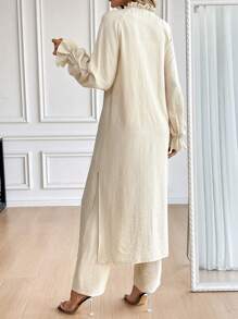 Chiquease 2 件套女士休闲褶皱裹身衬衫和松紧腰口袋裤套装，秋季 - 杏色 - 查看 2