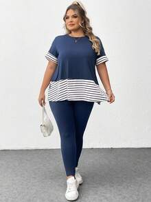 SHEIN CURVE+ Curve Plus Size 2 Cái/bộ Áo thun sọc ngang ngắn tay & quần dài, trang phục thể thao thông thường ở nhà trang phục mùa hè rộng rãi - Xanh và trắng - Xem 6