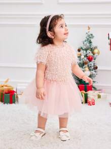 SHEIN 2pcs Baby Girl Cute Pink Fringe Short Sleeve Top And Tulle Skirt Set, Autumn/Winter