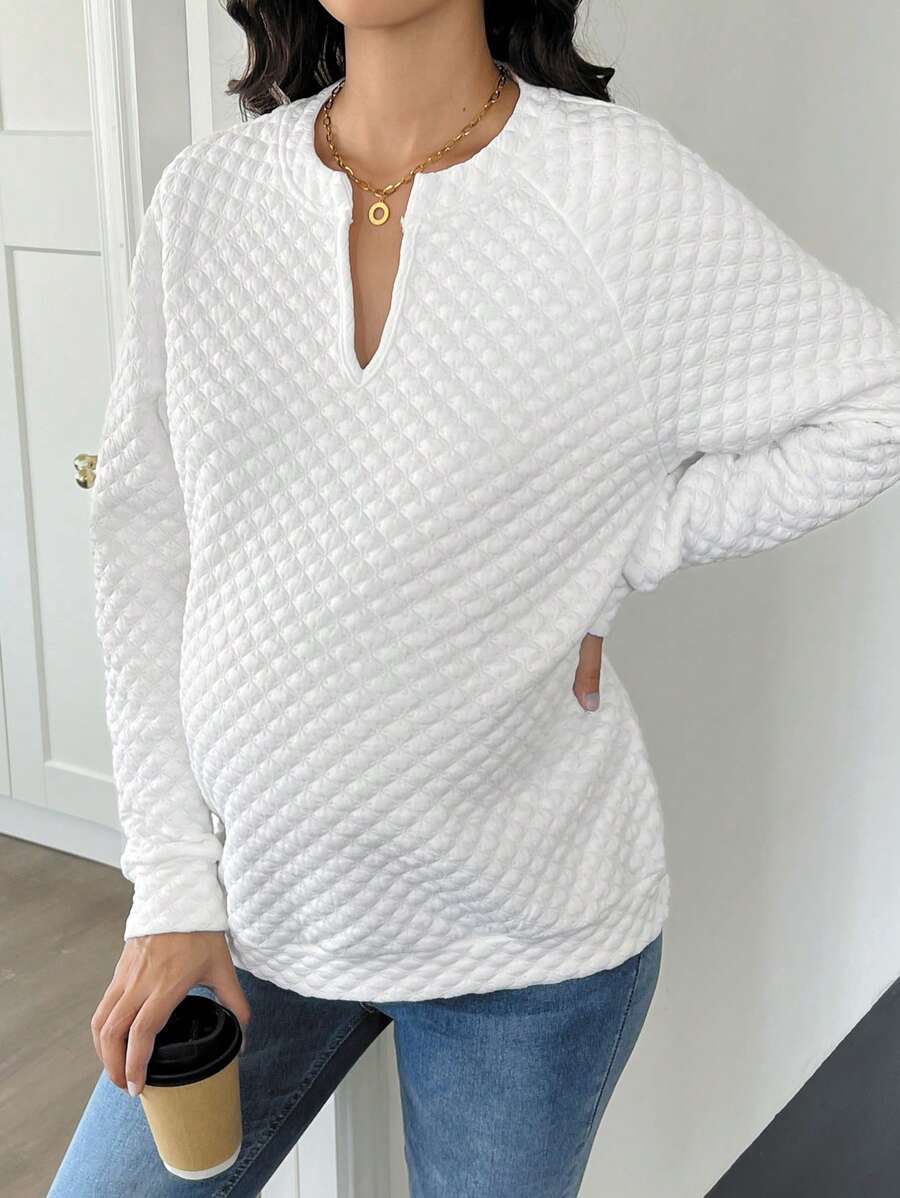 SHEIN Maternity V-Neck Solid Color Long Sleeve Casual Sweatshirt, For Winter - White - View 1