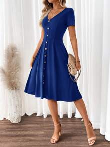 SHEIN Clasi Women's Elegant V-Neck Short Sleeve A-Line  Dress