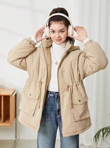 SHEIN 青少年女孩纯色加厚袋装连帽休闲棉服外套 - 卡其色 - 查看 1