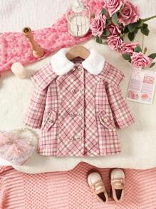 Baby Girl Plaid Patchwork Fluffy Collar Long Sleeve Casual Jacket - Pink - View 1