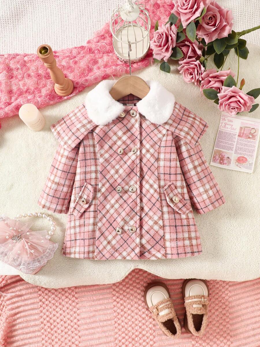 Baby Girl Plaid Patchwork Fluffy Collar Long Sleeve Casual Jacket - Pink - View 1
