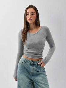 SHEIN Unity 1件女士灰色U领褶皱修身针织套头毛衣，适合秋冬季日常休闲穿着，针织套头衫 - 灰色 - 查看 1