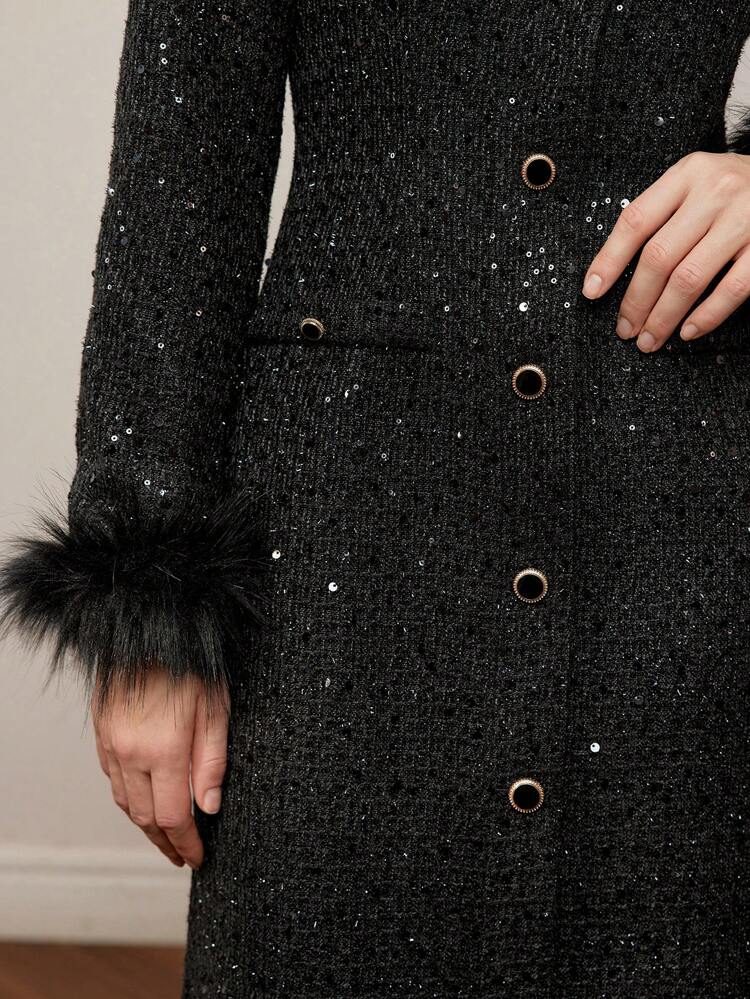 TWEED FLUFFY TRIM SINGLE BREASTED PLACKET DRESS