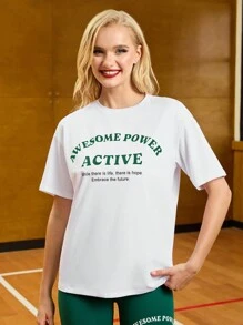 SHEIN Sports Đồ họa Khẩu hiệu Thả vai Áo thun thể thao - trắng - Xem 6