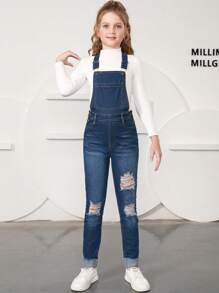 Tween Girl Ripped Denim Overalls Without Tee - Dark Wash - View 3