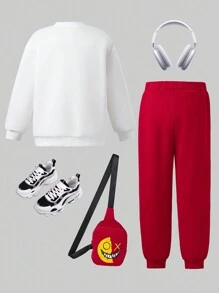 Conjunto de 2 peças de moletom branco casual para meninos adolescentes, calças com estampa vermelha e bolsa tiracolo