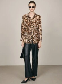 BizChic 女士优雅豹纹正装衬衫，适合通勤、聚会、度假、圣诞节 - 棕色 - 查看 2