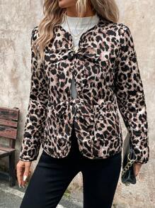 SHEIN LUNE Veste décontractée matelassée à nœud avant imprimé léopard pour femmes, élégante pour le travail et la rue, chaude pour l'automne et l'hiver - Multicolore - Voir 5