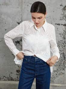 Aveloria Modichic Fashionable Minimalist Commuting Hollow-Out Loose Embroidered Long Sleeve Shirt - White - View 3