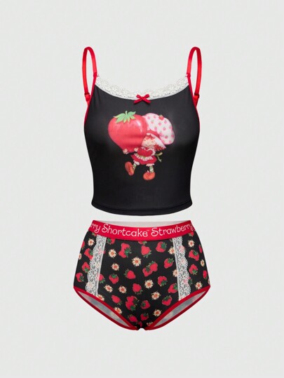 Strawberry Cartoon Figure Graphic Wireless Lace Patchwork Women Bra & Panty Set