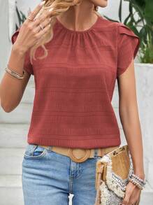 EMERY ROSE Solid Color Petal Sleeve Back Keyhole Blouse,Short Sleeve Tops - Rust Brown - View 3