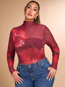 SHEIN BAE Malla larga de manga larga con estampado floral grande, elegante, sexy y dulce, body de talla grande para otoño