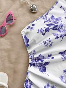 Soleia Women's Asymmetrical V-Neck Floral Printed Holiday Dress - Blue - View 3