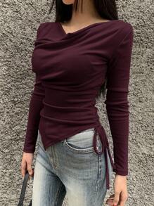 Wynsel Women's Solid Color Draped Neck Drawstring Side Long Sleeve Casual T-Shirt For Spring And Autumn