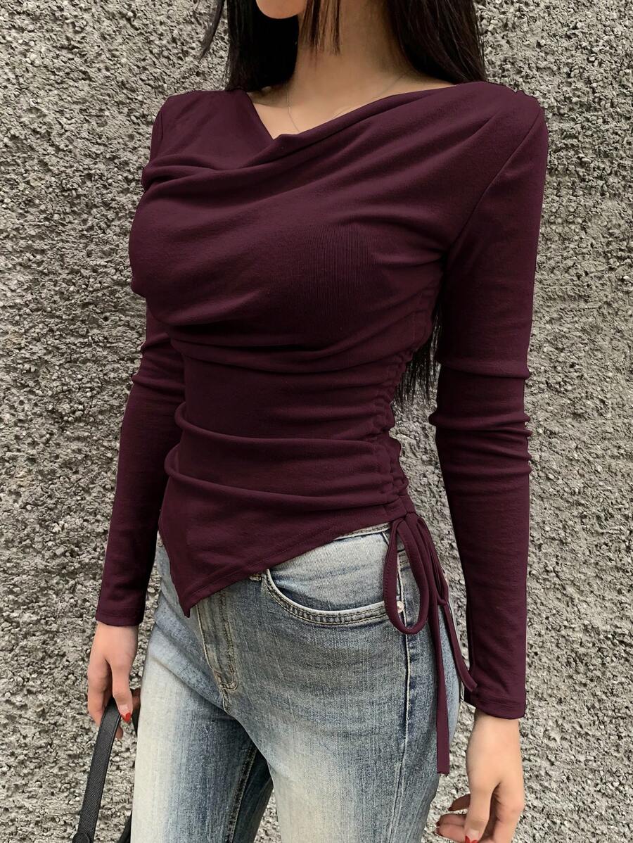 Wynsel Women's Solid Color Draped Neck Drawstring Side Long Sleeve Casual T-Shirt For Spring And Autumn